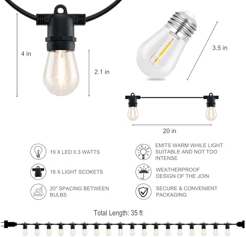 YULETIME 35 ft 18 LED Patio String Light Plug-in Adapter, E26 Base S14 Bulb - Image 4