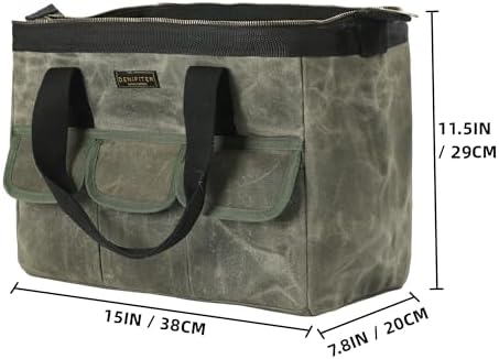 15 Inch Tool Bag, Heavy Duty Waxed Canvas Wide Mouth Water-Resistant Tool Pouch, Garden Tool Tote with 15 Pockets | ArmyGreen - Image 2