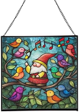 Gnome with Singing Birds Stained Glass Suncatcher – Square Hanging Window Panel for Home or Greenhouse – Whimsical Glass Art Gift for Garden Lovers, Christmas, Halloween, Father Days HJXeXZ by Custom