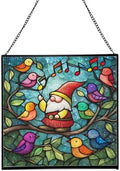 Gnome with Singing Birds Stained Glass Suncatcher – Square Hanging Window Panel for Home or Greenhouse – Whimsical Glass Art Gift for Garden Lovers, Christmas, Halloween, Father Days HJXeXZ by Custom
