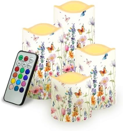 Spring Flower Butterfly Flickering Flameless Candles Battery Operated with Remote Timer Waterproof Reusable Tea Light 4 Pack LED Pillar Votive Candles for Wedding/Engagement Party by YUVAMAGIMO