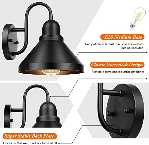 Brightever Gooseneck Outdoor Light Fixtures, 2-Pack Farmhouse Barn Lights for Porch, Industrial Black Exterior Wall Sconce for Garage, Patio, E26 Base Anti-Rust, Bulb not Included - Image 4