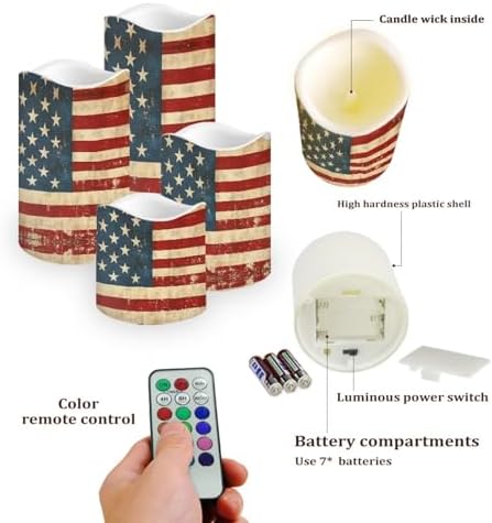 Retro American Flag Flameless Candles with Remote Timer Battery Operated Fake Candles Color Changing Electric Pillar LED Candles Bulk Set of 4 - Image 3