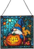 Gnome Pumpkin Lantern Stained Glass Suncatcher – Square Hanging Window Panel for Home or Greenhouse – Whimsical Glass Art Gift for Garden Lovers, Christmas, Halloween, Father Days WS2dno by Custom