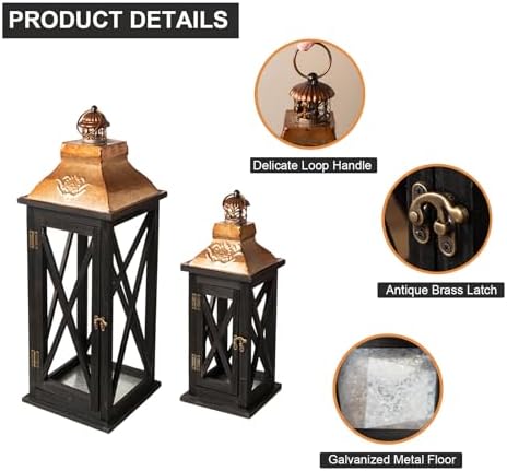 Large Farmhouse Wooden Lanterns with Metal Top, Decorative Floor Lanterns Set of 2, Black Frame with Rustic Gold Accents, Indoor/Outdoor Hurricane Lanterns for Home Decor (No Glass) - Image 5