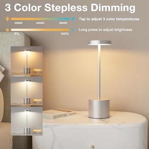 Kakanuo Silver Gray Cordless Lamp Set, Rechargeable Lamp, 3 Color Temperature, LED Outdoor Wireless Lamps, Battery Operated Lamps, Stepless Dimmable, Touch Control - Image 5