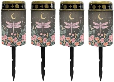 Poceacles Outdoor Cemetery Grave Decor - Solar Memorial Lights - Waterproof Stake Lights - Grave Markers, Pink Dragonfly Flower Moon, Pack of 4 by Poceacles