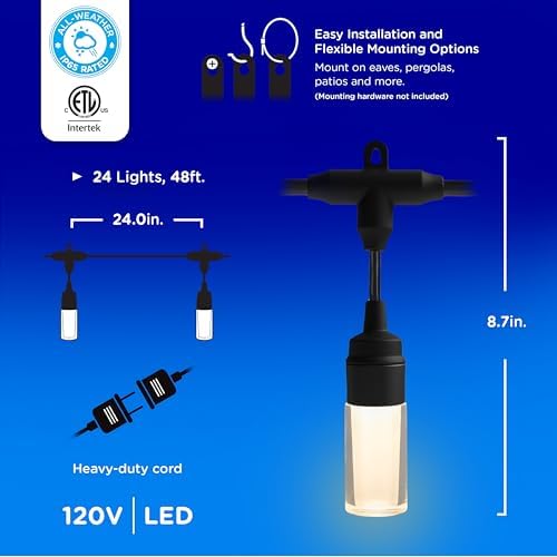Enbrighten Modern Outdoor String Lights, 48ft, 24 Bulbs, White Light Only - Image 5
