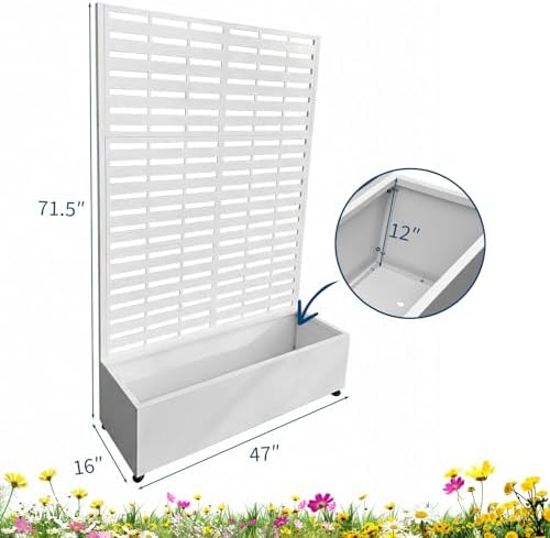Garvee Metal Planter Box with Trellis, 71.5"x47"x16" Raised Garden Beds with Trellis and Wheels for Climbing Plants Vegetables, Privacy Screen Planter Box with Drainage Holes for Patio Balcony, White - Image 2