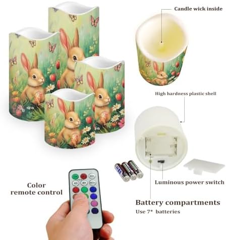 Easter Bunny Floral Flameless Candles LED Pillar Candles Battery Operated Candles with Remote and Timers Color Changing Electric Fake Plastic Candles Easter Decoration Set of 4 - Image 3