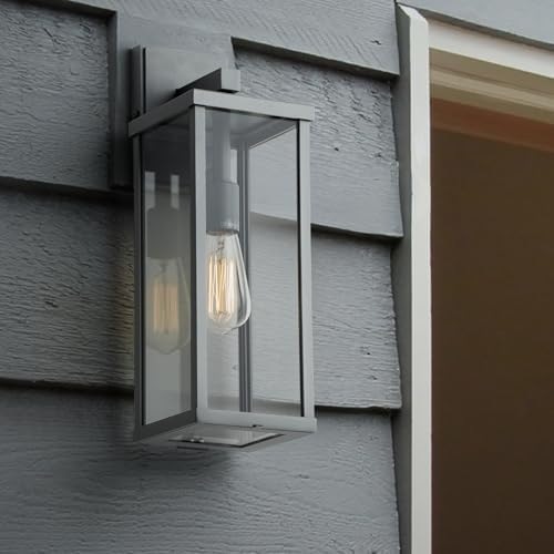 mirrea 18" Classic Outdoor Wall Sconce 1 Light in Matte Gray Rectangular Metal Frame and Clear Glass Shade Waterproof Porch Light Patio Light Pack of 2 - Image 4