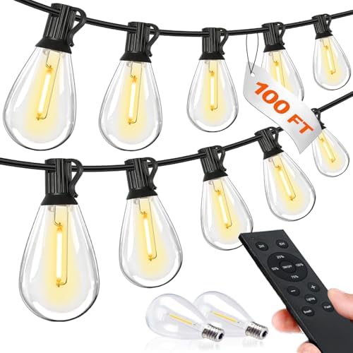 Tenmiro 100FT LED Outdoor String Lights with Remote, 35+ 1 Shatterproof Bulbs Waterproof and Dimmable Patio Lights for Porch, Garden, Backyard, Deck, Balcony, Hanging Lighting Decor by Tenmiro
