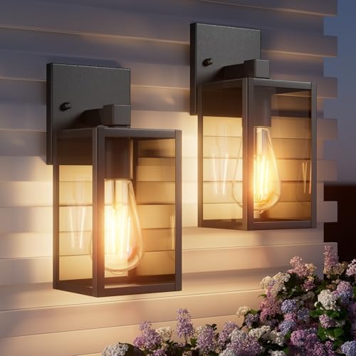 Outdoor Light Fixtures Wall Mount, Waterproof Front Porch Lights, Modern Exterior Lighting Fixtures with E26 Socket, Black Wall Sconces Lantern Lamp, Outside Lights for House, Garage, Patio (2 Pack） by Unknown