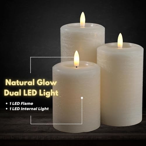 LumiPur Essentials Natural Glow Flameless Flickering Wax Pillar 3 Pack LED Candles (3" x 4" 5" & 6") Gray Fog - Image 3