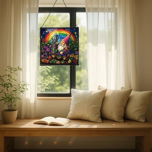 Rainbow Garden Gnome Stained Glass Suncatcher – Square Hanging Window Panel for Home or Greenhouse – Whimsical Glass Art Gift for Garden Lovers, Christmas, Halloween, Father Days moNsPG - Image 7