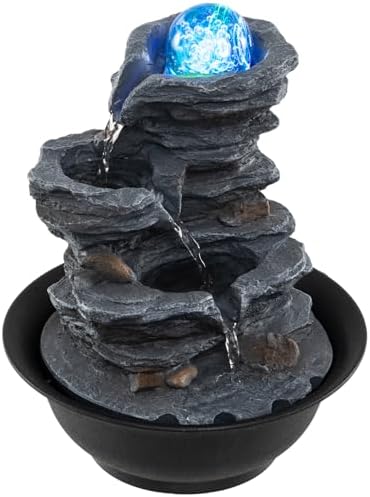 Giantex Tabletop Water Fountain with Rotating Crystal Ball & LED Lights, Tiered Rock Waterfall with Pump, Zen Meditation Desktop Decor for Office, Home Relaxation (Offset Stream) by Giantex