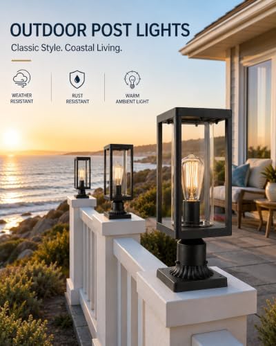 Beionxii Outdoor Post Lights, 20inch Large Modern Large Exterior Post Lantern Pillar Light with Pier Mount Base, Black Cast Aluminum w/Clear Cylinder Glass - A291P-1PK (NOT Solar, 110-120V AC) - Image 6