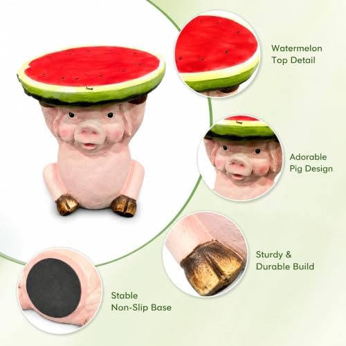 Cute Pig Side Table, Resin Watermelon End Table, 13.39" H Small Animal Accent, Multifunctional Plant Stand & Decorative Stool for Home, Patio, Garden & Living Room Deco - Image 7