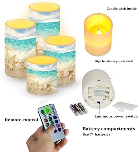 Beach Starfish Seashell Flameless Light Candles Battery Powered with Timer Remote Color Chaging Pillar Candle with Warm Yellow Color Changing Light Pack of 4 - Image 6