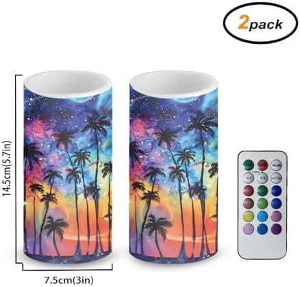 Galaxy Coconut Tree Flameless Candles Bulk Set of 2 Battery Operated Candles with Remote and Timer for Coastal Theme Home Decorations Flickering LED Elictric Pillar Tealights - Image 2