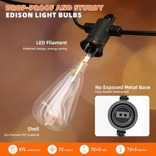 Kawaya Outdoor Lights String LED Patio Lights: 150FT Waterproof Commercial Grade Vintage String Lights for Outside - 72+3 Shatterproof ST38 Edison Bulbs for Porch Bistro Backyard Cafe (75FTx2) - Image 5
