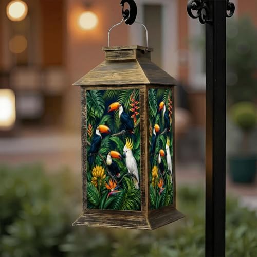 Solar Lantern Outdoor Waterproof Exotic Trees Wild Bird Parrots Toucans Birds Tropical Painting Garden Decor LED Hanging Solar Lights Tabletop Lamp Gifts for Women Mom Outside Yard Patio Porch by DERUINVAIO