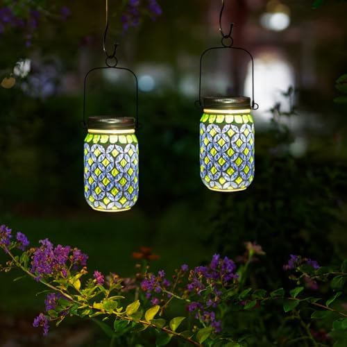 Stargarden 4 Pack Mosaic Solar Lantern , Outdoor Hanging Lantern,Blue Green - Image 5