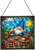 Baking Gnome Picnic Stained Glass Suncatcher – Square Hanging Window Panel for Home or Greenhouse – Whimsical Glass Art Gift for Garden Lovers, Christmas, Halloween, Father Days VW9vGA by Custom