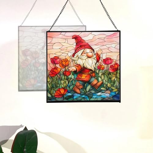 Poppy Meadow Gnome Stained Glass Suncatcher – Square Hanging Window Panel for Home or Greenhouse – Whimsical Glass Art Gift for Garden Lovers, Christmas, Halloween, Father Days Yxk5rr - Image 4