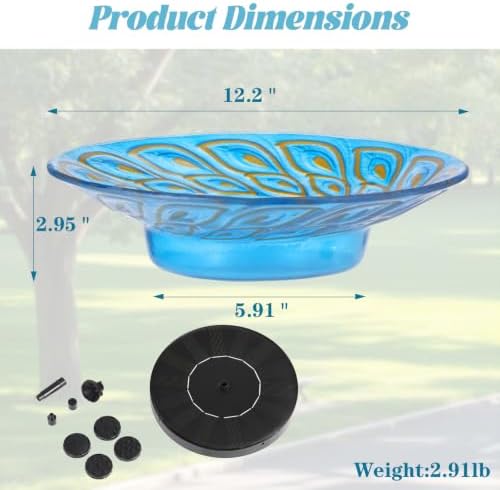 Glass Bird Bath with Solar Fountain, Blue Peacock Feather Pattern - Image 2