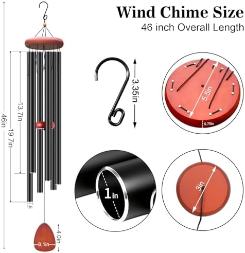 Aluminium Wind Chimes Outside, Soothing Melodic Patio Decor Gift, Black 46" - Image 2
