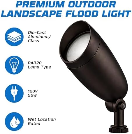 OHLECTRIC One-Light Halogen Landscape Floodlight (2-Pack) Wet Rated Outdoor Light Fixture for Garden Yard Pathway Durable Weatherproof Die-Cast Metal Housing. 50W 120v 6.25 Inches, PAR20 (Dark Bronze) - Image 2