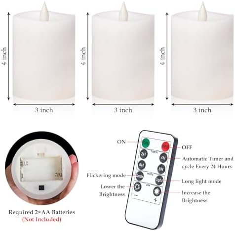 "3"x4" Flickering Flameless Candles with Remote Timer- Set of 3 Real Wax White Pillar LED Candles for Indoor/Outdoor Fireplace & Home Decor, Battery Operated with 600+ Hours Flickering (3" Diameter) - Image 6
