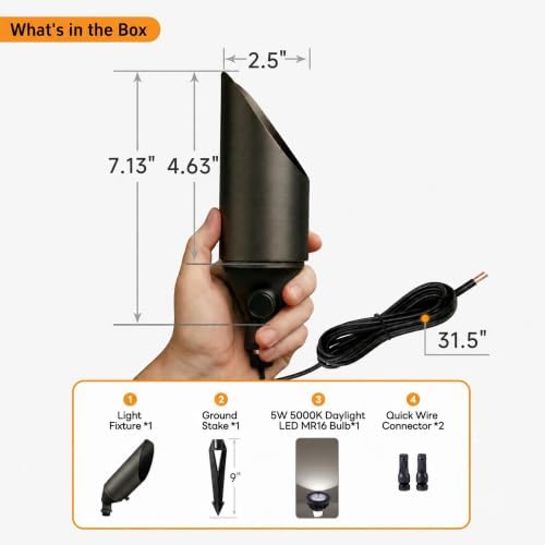 Gardenreet 12V Spot Lights Solid Brass - Outdoor Low Voltage Landscape Spotlight, Wired LED Uplights Waterproof, Stretchable Shroud Bronze for Patio Wall with 5000K Daylight MR16 Bulb (6 Pack) - Image 6
