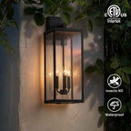 mirrea 24" Classic Outdoor Wall Sconce 3 Lights in Matte Black Rectangular Metal Frame and Clear Glass Shade Waterproof Porch Light Patio Light Pack of 2 - Image 3