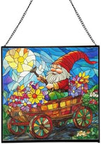 Gnome in a Wagon Ride Stained Glass Suncatcher – Square Hanging Window Panel for Home or Greenhouse – Whimsical Glass Art Gift for Garden Lovers, Christmas, Halloween, Father Days KkTJmY by Custom