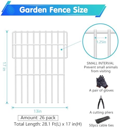 26 Panels No Dig Fence, 28ft(L) x 17in(H) Dog Digging Fencing Barrier, 1.2in Gap Animal Barrier for Bottom of Fence, Rustproof Metal Garden Edging Border Ground Defense for Outdoor Patio, White - Image 2