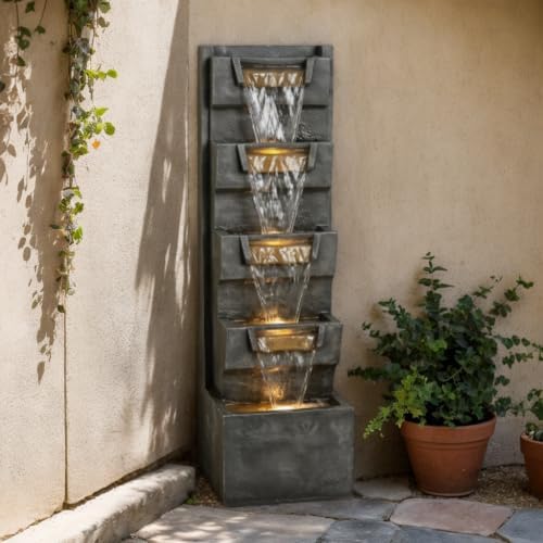 39'' H Outdoor 5-Tiered Water Fountain with LED Lights, Outdoor Stone-Look Cascading Fountains, Landscaping Fountain for Garden, Patio, Deck, Porch, Balcony, Backyard and Home Decor, Grey - Image 3
