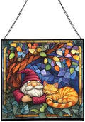 Gnome and Cat Nap Stained Glass Suncatcher – Square Hanging Window Panel for Home or Greenhouse – Whimsical Glass Art Gift for Garden Lovers, Christmas, Halloween, Father Days YLlkJi by Custom