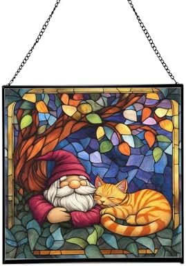 Gnome and Cat Nap Stained Glass Suncatcher – Square Hanging Window Panel for Home or Greenhouse – Whimsical Glass Art Gift for Garden Lovers, Christmas, Halloween, Father Days YLlkJi by Custom
