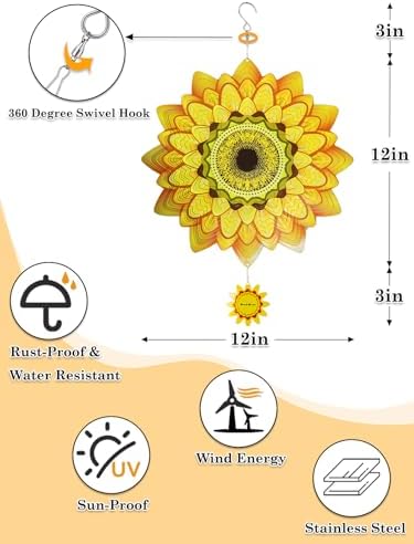 Sunflower Wind Spinners Outdoor Garden Decor for Outside - 12 Inch 3D Stainless Steel Metal Wind Spinners - Sunflower Gardening Gifts for Women, Yard Decorations Outdoor Hanging Decor - Image 3