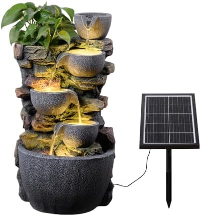 24'' Stacked Rock Solar Powered Water Fountain, Outdoor DIY Planter Pot Waterfall Fountain with LED Lights, Water Feature Landscape Decor for Garden, Patio, Backyard, Home Decoration by WarmGarden