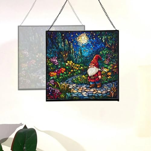 Twilight Garden Gnome Stroll Stained Glass Suncatcher – Square Hanging Window Panel for Home or Greenhouse – Whimsical Glass Art Gift for Garden Lovers, Christmas, Halloween, Father Days Ye2sh0 - Image 4