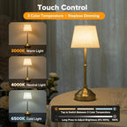 Cordless Table Lamp, Rechargeable Desk Lamp with Fabric Shade, 5400mAH Battery Operated 3 Color Stepless Dimming, Portable Touch Bedside Lamp Home Decor for Dining, Counter (Brushed Gold) - Image 4