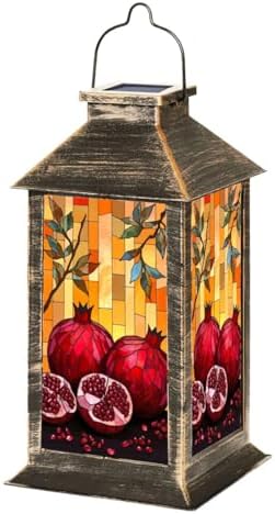 Solar Lantern Outdoor Garden Hanging Lantern Stained Glass Artwork Pomegranates Vibrant Orange Mosaic Waterproof Solar Powered Lighting Outside Table Lamp for Patio Deck Yard Camping by Unknown