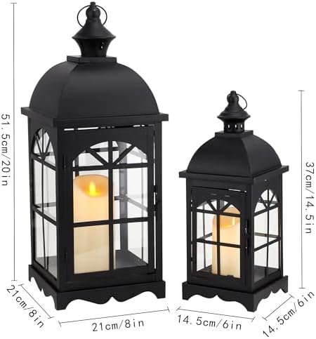 TRIROCKS Set of 2 Decorative Vintage Candle Lanterns 14.5"&20" H Farmhouse Outdoor Hanging Lanterns with Tempered Glass for Porch, Balcony, Patio, Home, Centerpieces, Indoor, Outdoor(Black) - Image 3