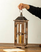 Large Farmhouse Wooden Decorative Lantern Set of 2, Rustic Distressed Brown Burnt Wood Floor Candle Lanterns, Indoor/Outdoor Hanging Lanterns for Home Decor (No Glass) - Image 2