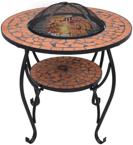Tidyard Mosaic Fire Pit Table, 68cm Round Ceramic Steel Patio Heater with Mesh Cover and Poker for Outdoor Garden Backyard - Image 2