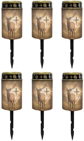 Poceacles Solar Candle Cemetery Solar Lights for Grave LED Garden Flameless Powered Pathway Lights Outdoor Waterproof with Dusk to Dawn Sensor, 6 PCS, Brown Deer Cross Pattern by Poceacles