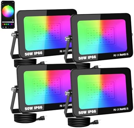 AUXTINGS 50W RGB LED Floodlight,5000LM Smart Flood Lights Outdoor with APP Control, Colour Changing,Timing Scene Lighting for Party Stage Garden Halloween Christmas Decorations,IP66 US Plug,4 Pack by AUXTINGSLEDLight